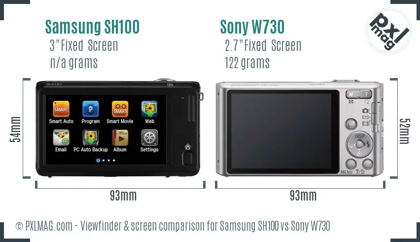 Samsung SH100 vs Sony W730 Screen and Viewfinder comparison