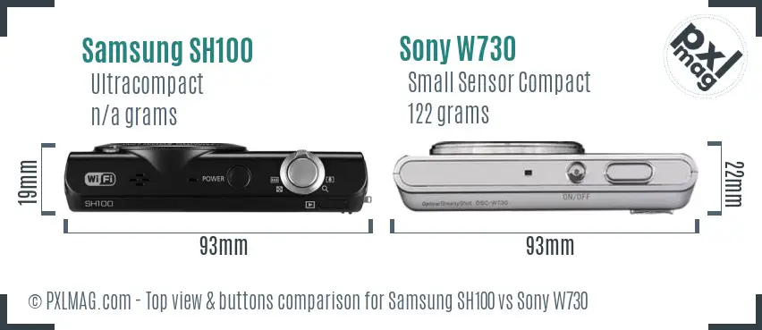 Samsung SH100 vs Sony W730 top view buttons comparison