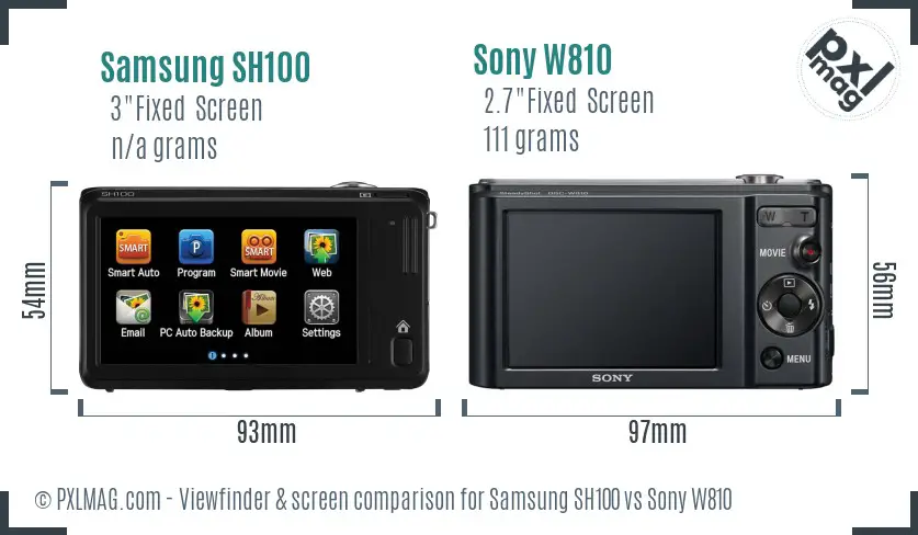 Samsung SH100 vs Sony W810 Screen and Viewfinder comparison