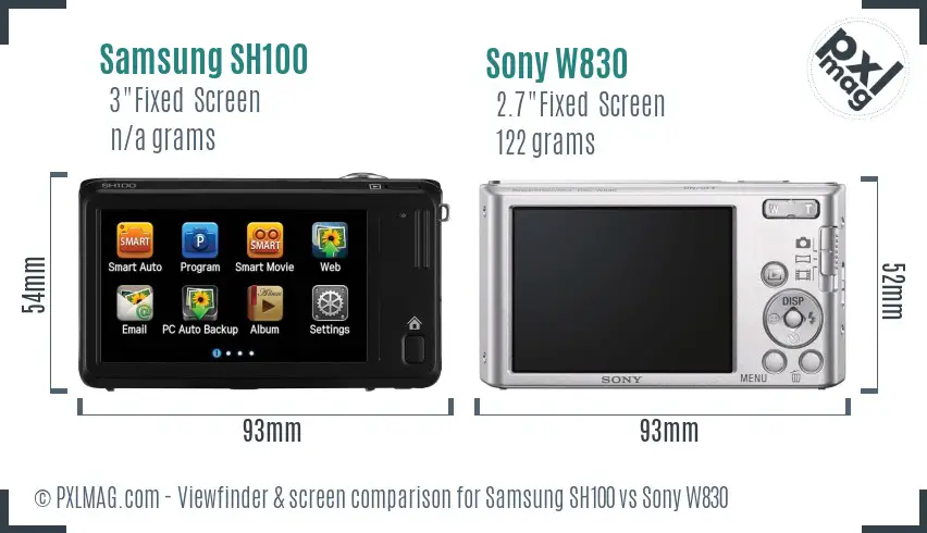 Samsung SH100 vs Sony W830 Screen and Viewfinder comparison