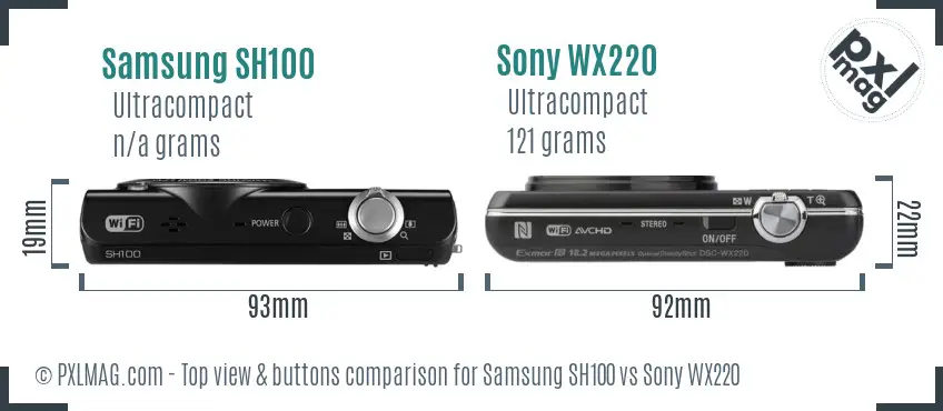 Samsung SH100 vs Sony WX220 top view buttons comparison