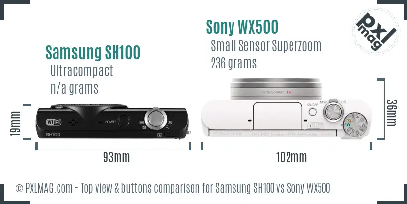Samsung SH100 vs Sony WX500 top view buttons comparison Samsung SH100 vs Sony WX500 top view buttons comparison