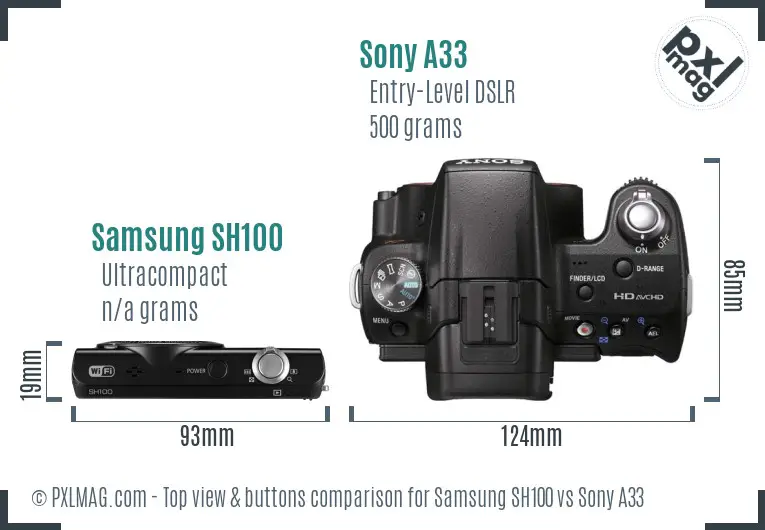 Samsung SH100 vs Sony A33 top view buttons comparison Samsung SH100 vs Sony A33 top view buttons comparison