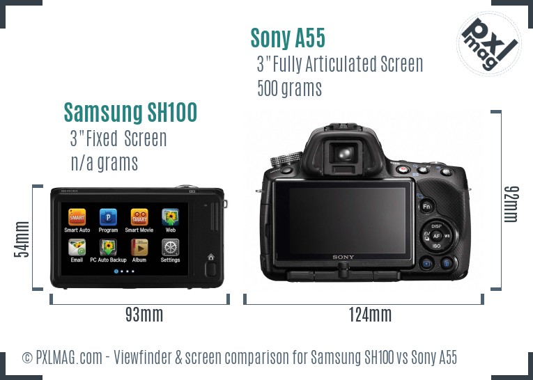 Samsung SH100 vs Sony A55 Screen and Viewfinder comparison
