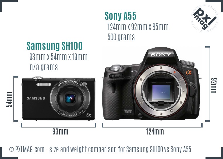 Samsung SH100 vs Sony A55 size comparison