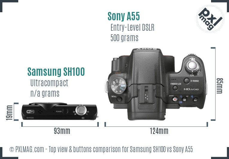 Samsung SH100 vs Sony A55 top view buttons comparison