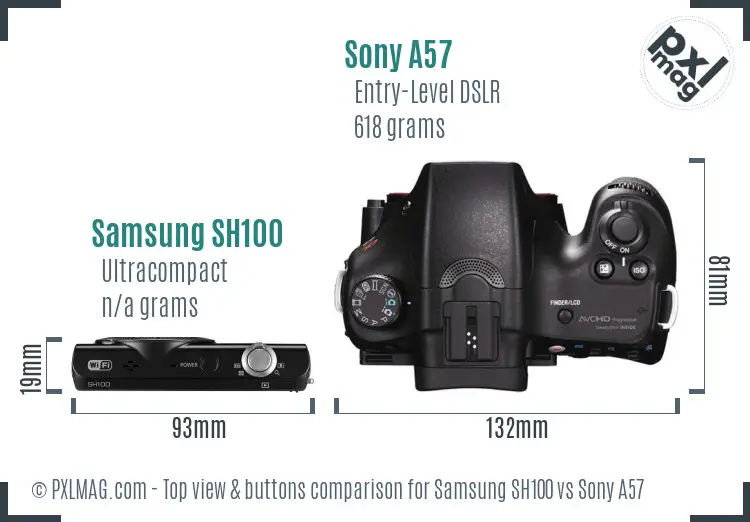 Samsung SH100 vs Sony A57 top view buttons comparison Samsung SH100 vs Sony A57 top view buttons comparison