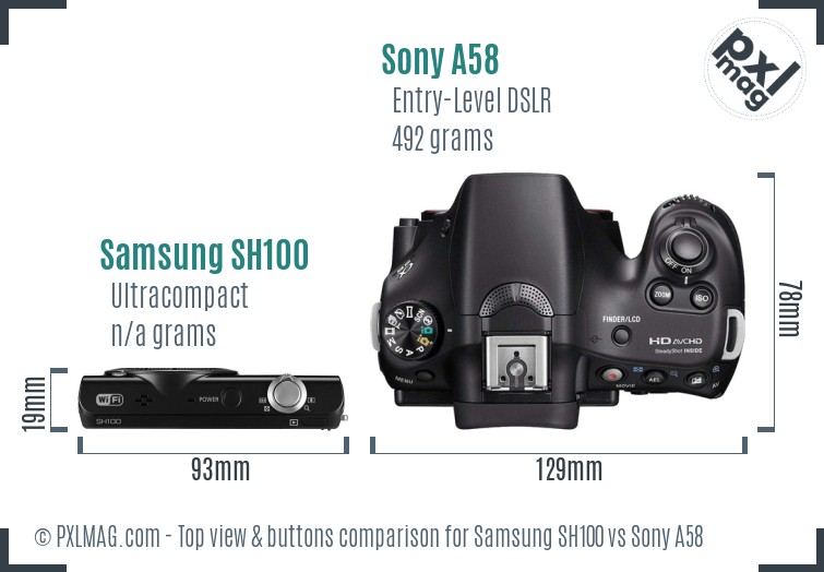 Samsung SH100 vs Sony A58 top view buttons comparison