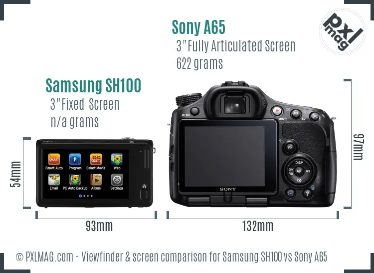 Samsung SH100 vs Sony A65 Screen and Viewfinder comparison