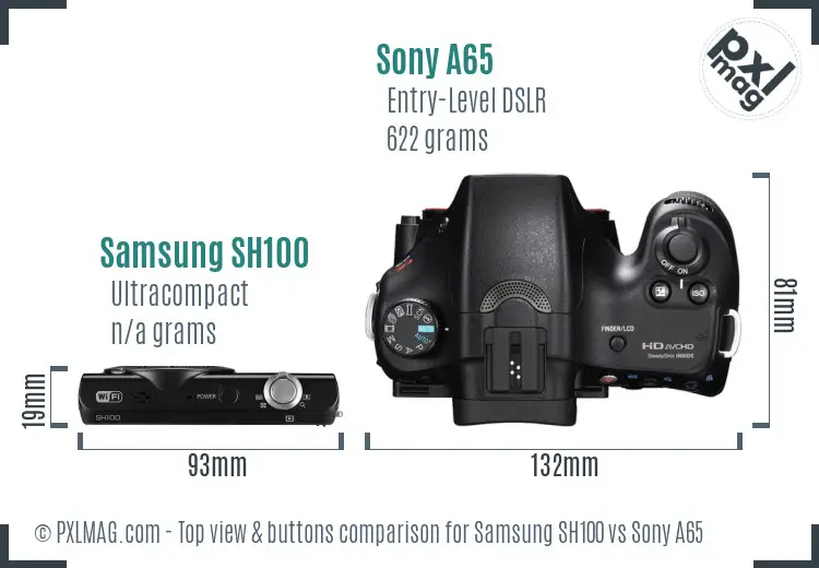Samsung SH100 vs Sony A65 top view buttons comparison