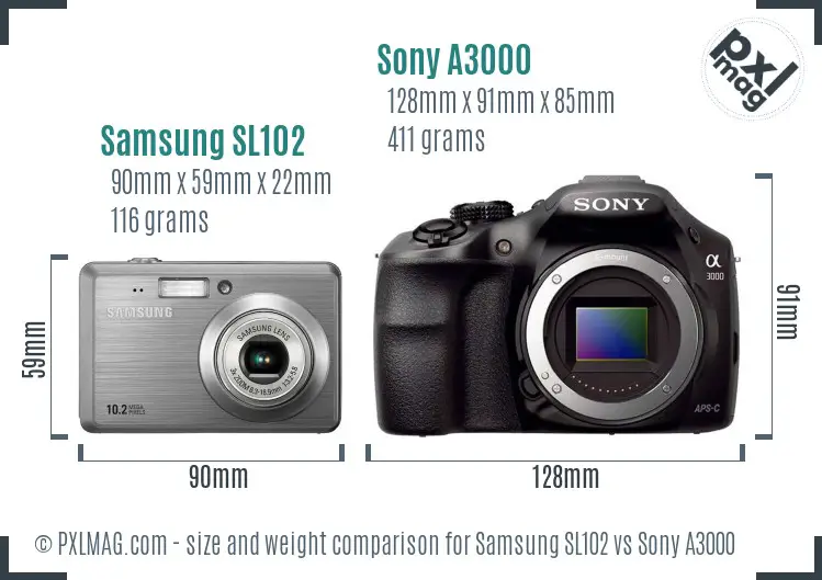 Samsung SL102 vs Sony A3000 size comparison