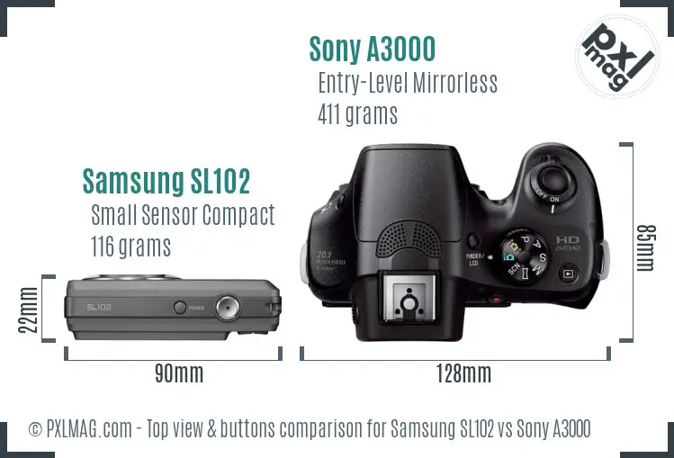 Samsung SL102 vs Sony A3000 top view buttons comparison