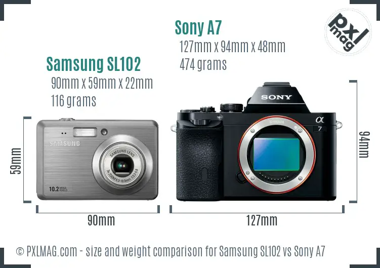 Samsung SL102 vs Sony A7 size comparison