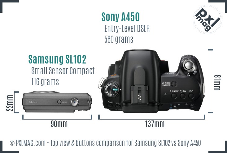 Samsung SL102 vs Sony A450 top view buttons comparison