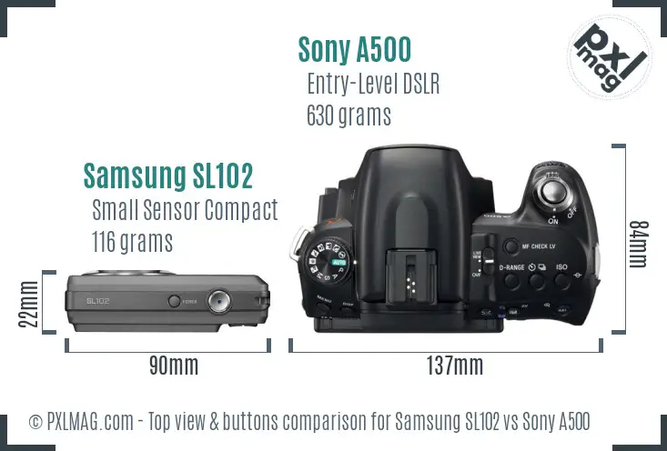 Samsung SL102 vs Sony A500 top view buttons comparison Samsung SL102 vs Sony A500 top view buttons comparison