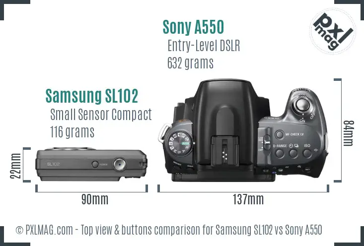 Samsung SL102 vs Sony A550 top view buttons comparison Samsung SL102 vs Sony A550 top view buttons comparison