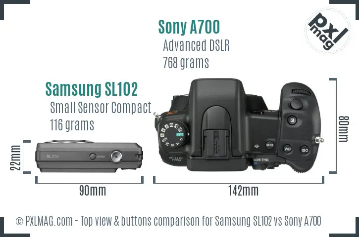 Samsung SL102 vs Sony A700 top view buttons comparison Samsung SL102 vs Sony A700 top view buttons comparison