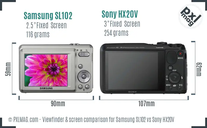Samsung SL102 vs Sony HX20V Screen and Viewfinder comparison