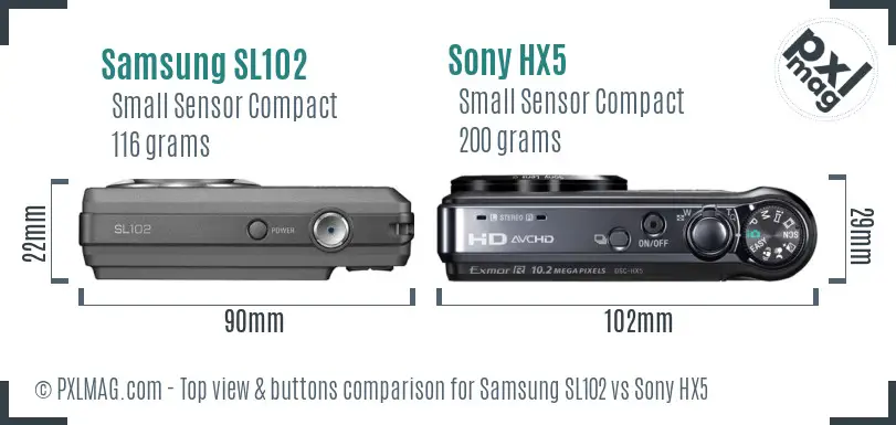 Samsung SL102 vs Sony HX5 top view buttons comparison Samsung SL102 vs Sony HX5 top view buttons comparison