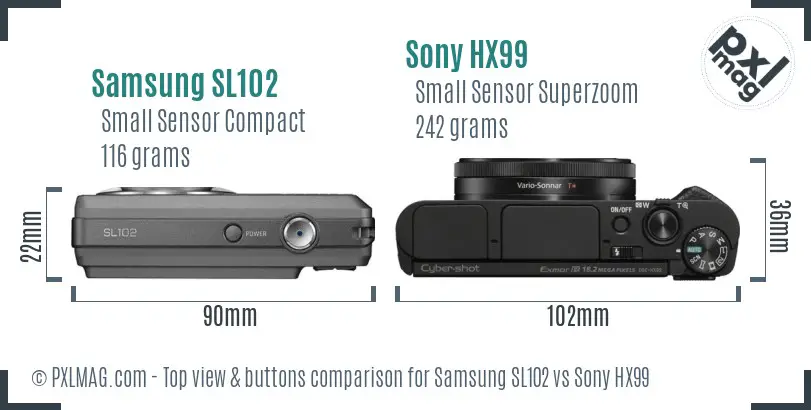 Samsung SL102 vs Sony HX99 top view buttons comparison Samsung SL102 vs Sony HX99 top view buttons comparison
