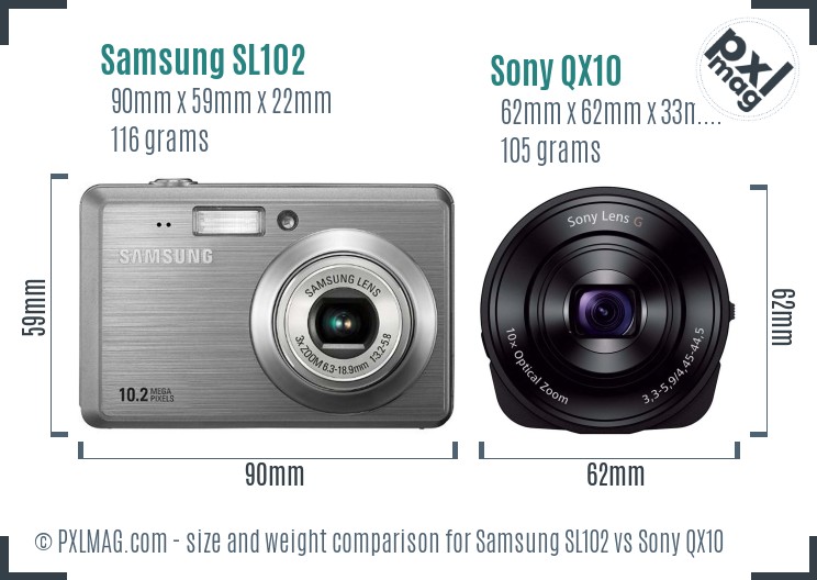 Samsung SL102 vs Sony QX10 size comparison