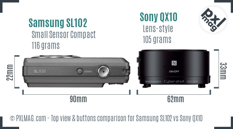 Samsung SL102 vs Sony QX10 top view buttons comparison
