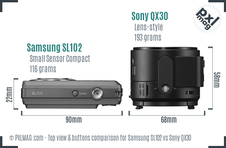 Samsung SL102 vs Sony QX30 top view buttons comparison