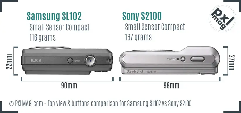 Samsung SL102 vs Sony S2100 top view buttons comparison Samsung SL102 vs Sony S2100 top view buttons comparison