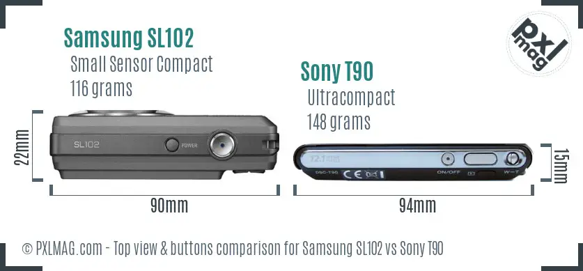 Samsung SL102 vs Sony T90 top view buttons comparison Samsung SL102 vs Sony T90 top view buttons comparison
