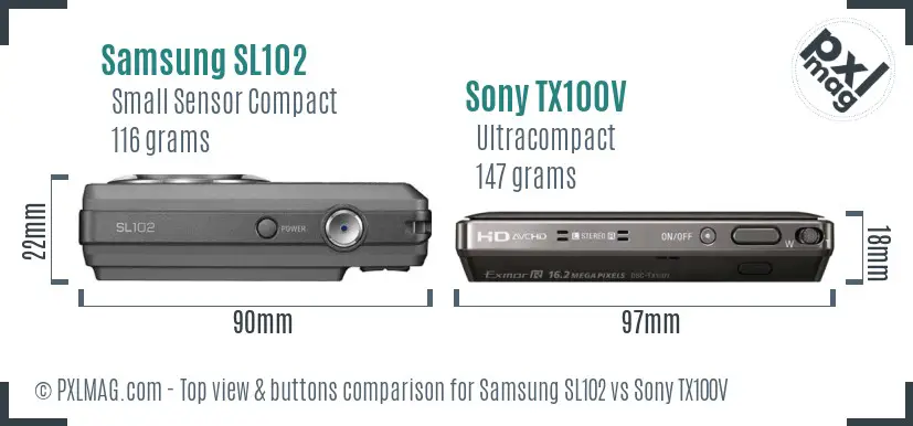 Samsung SL102 vs Sony TX100V top view buttons comparison