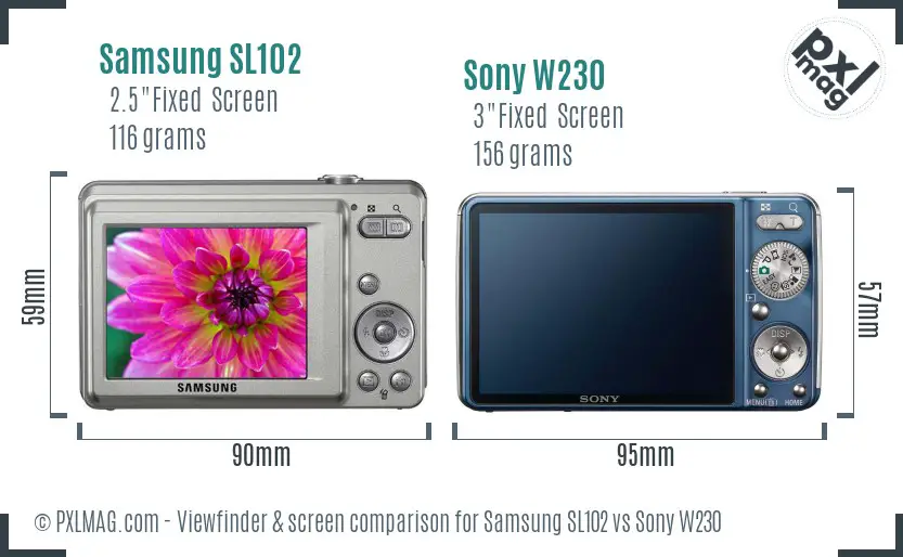 Samsung SL102 vs Sony W230 Screen and Viewfinder comparison