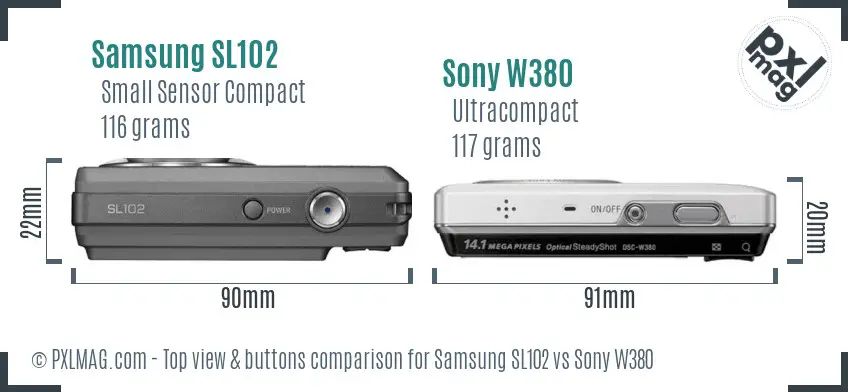 Samsung SL102 vs Sony W380 top view buttons comparison