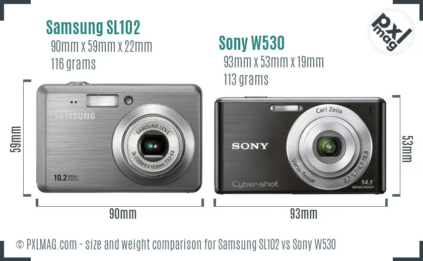 Samsung SL102 vs Sony W530 size comparison