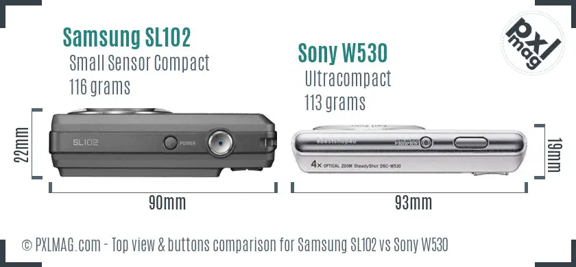 Samsung SL102 vs Sony W530 top view buttons comparison