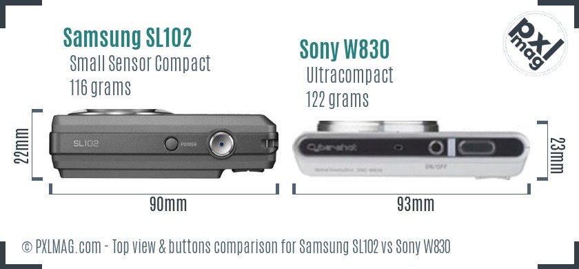 Samsung SL102 vs Sony W830 top view buttons comparison