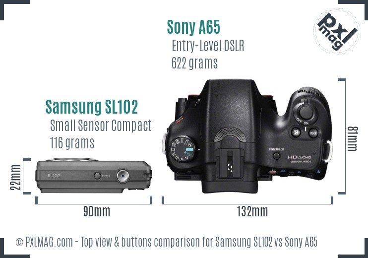 Samsung SL102 vs Sony A65 top view buttons comparison