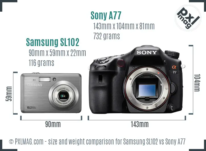 Samsung SL102 vs Sony A77 size comparison