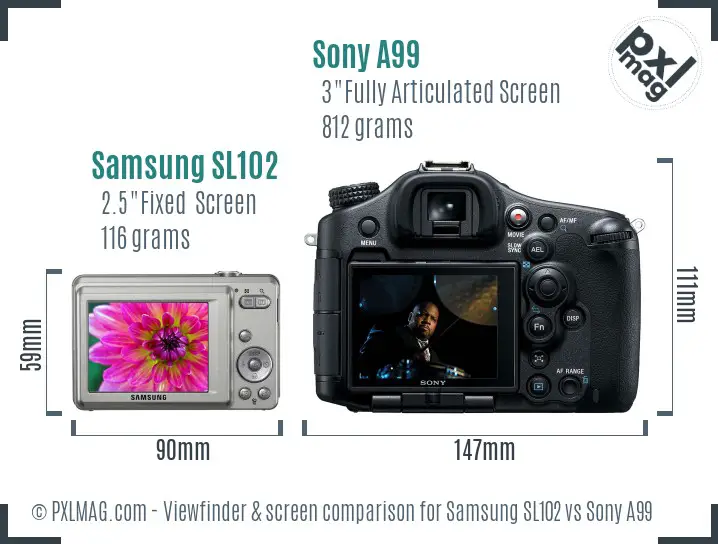 Samsung SL102 vs Sony A99 Screen and Viewfinder comparison