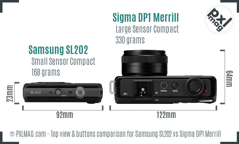 Samsung SL202 vs Sigma DP1 Merrill top view buttons comparison Samsung SL202 vs Sigma DP1 Merrill top view buttons comparison