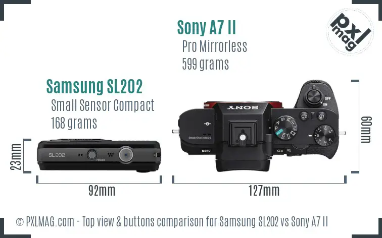 Samsung SL202 vs Sony A7 II top view buttons comparison