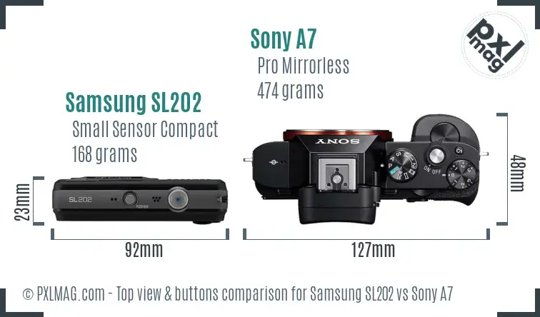 Samsung SL202 vs Sony A7 top view buttons comparison
