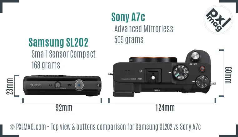 Samsung SL202 vs Sony A7c top view buttons comparison Samsung SL202 vs Sony A7c top view buttons comparison