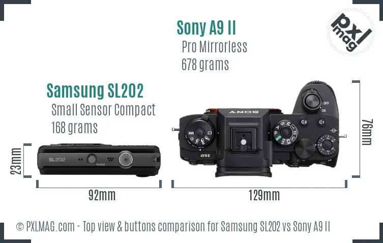 Samsung SL202 vs Sony A9 II top view buttons comparison Samsung SL202 vs Sony A9 II top view buttons comparison