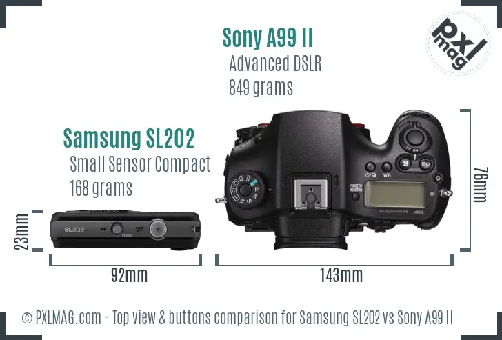 Samsung SL202 vs Sony A99 II top view buttons comparison Samsung SL202 vs Sony A99 II top view buttons comparison