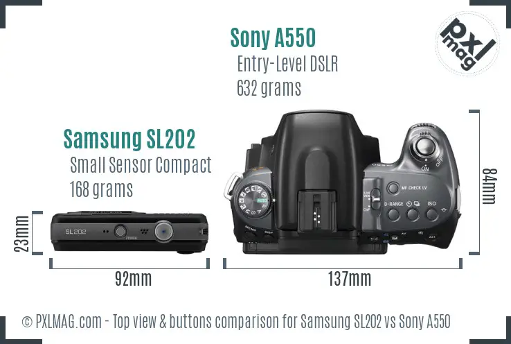 Samsung SL202 vs Sony A550 top view buttons comparison Samsung SL202 vs Sony A550 top view buttons comparison