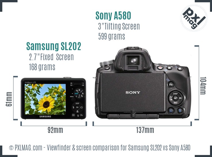 Samsung SL202 vs Sony A580 Screen and Viewfinder comparison