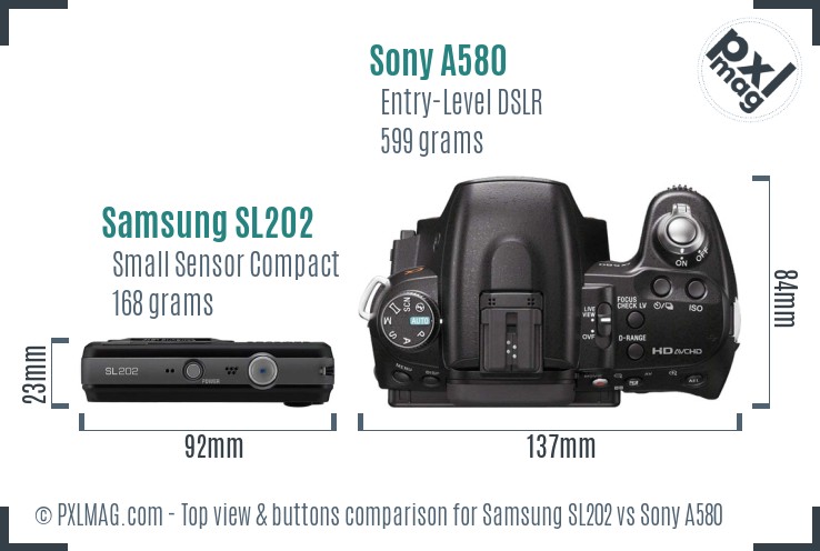 Samsung SL202 vs Sony A580 top view buttons comparison