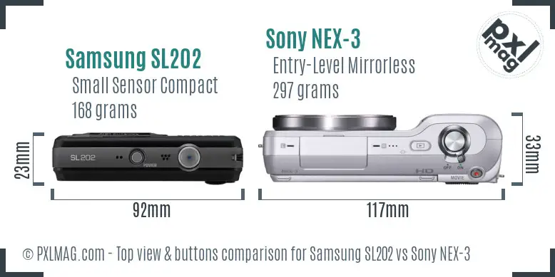 Samsung SL202 vs Sony NEX-3 top view buttons comparison Samsung SL202 vs Sony NEX-3 top view buttons comparison