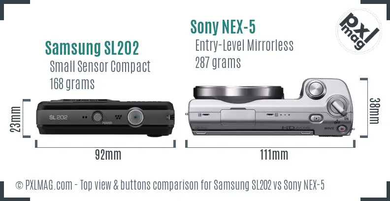 Samsung SL202 vs Sony NEX-5 top view buttons comparison Samsung SL202 vs Sony NEX-5 top view buttons comparison