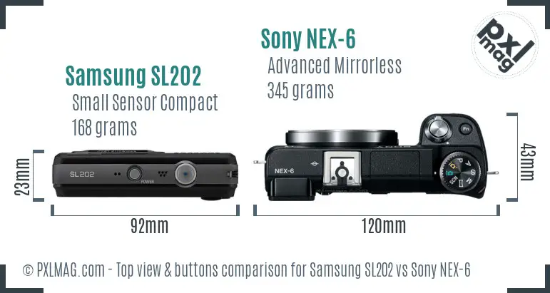 Samsung SL202 vs Sony NEX-6 top view buttons comparison
